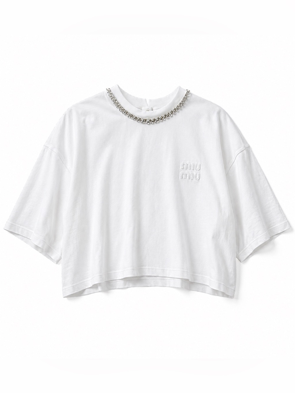 🚩steal Miu Miu White Cropped Tee with Rhinestone Collar